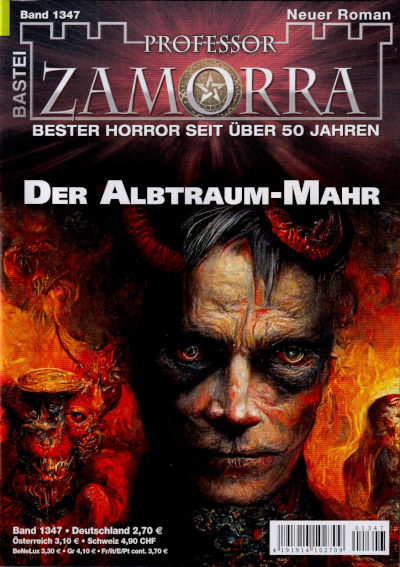 blutiges Gesicht zwischen Fratzen in Flammen