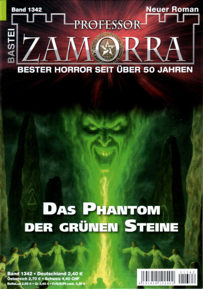 auf Flammenstrahl stehende grüne Fratze von tanzenden umringt